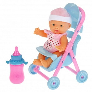 Пупс – Танюша с бутылочкой и коляской, 14 см (Карапуз, B1692714-RU)