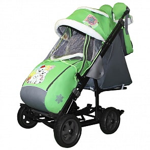 Санки-коляска Snow Galaxy City-3-1 - Три медведя на зеленом на больших колесах, сумка, варежки (RT, 7694)
