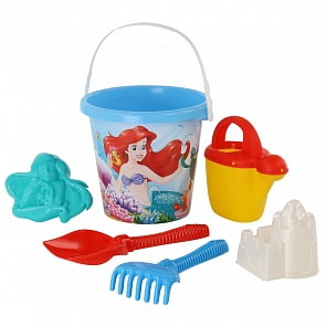 Набор Disney Русалочка №5: ведро большое с наклейкой, лопата №6, грабли №6, формочки Ариэль + замок квадратный, лейка №10 (Полесье, 67401)