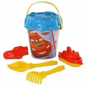 Набор Disney/Pixar - Тачки №26: ведро большое с наклейкой, ситечко большое №3, лопата №6, грабли №6, формочка Молния Маккуин, кораблик (Полесье, 67265) (ассортимент)