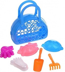 Набор для песка в сумочке №121 - лопатка, грабли, 4 формочки (Нордпласт, Н-431811) (ассортимент)