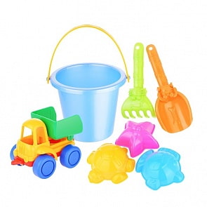 Набор для песка №34, самосвал Нордик, совок Собачка, грабли Котенок, 3 формочки Морские, ведро малое (Нордпласт, Н-431734)