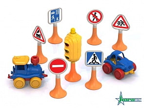 Набор - Дорожные знаки №3 светофор, 6 знаков, 2 машинки нордик (Нордпласт, 887sim)