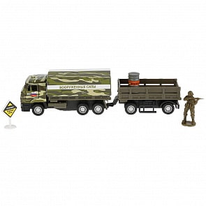 Модель Камаз военный с прицепом и аксессуарами, 12 см, открываются двери, инерционный (Технопарк, SB-18-26-K(M)+ASST-WB)