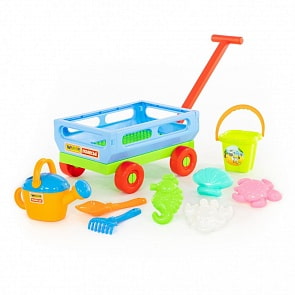 Набор №490: Тележка с ручкой №2, ведро-цветок среднее, лопатка №5, грабельки №5, 4 формочки, лейка №8 (Полесье, 45782)