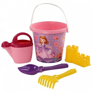Набор Disney - София Прекрасная №1: ведро большое с наклейкой, лопата №6, грабли №6, формочка, лейка №10 (Полесье, 67371)