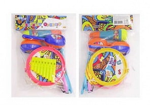 Набор музыкальных инструментов ДоРеМио - Маракасы, барабан, кастаньеты, губная гармошка, микрофон (ABtoys,  D-00079)