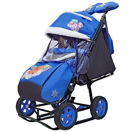Санки-коляска Snow Galaxy - City-1 - 2 Медведя на облаке, цвет синий, на больших колесах Ева, сумка, варежки 