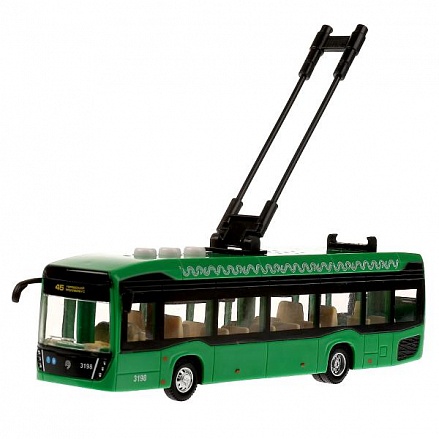 Модель Городской троллейбус свет-звук 19 см 3 кнопки инерционная пластиковая зеленая 