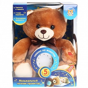 Игрушка мягкая Мишка с проектором звездного неба, 5 колыбельных, 30 см (Мульти-пульти, HU29461)