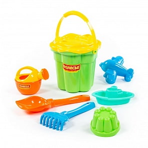 Набор №326: ведро-цветок среднее №3, ситечко-цветок среднее №3, лопатка №5, грабельки №5, 2 формочки, кораблик Юнга, лейка малая №3 (Полесье, 35653)