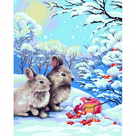 Рисование по номерам на холсте - Кролики в зимнем лесу, размер 40 х 50 