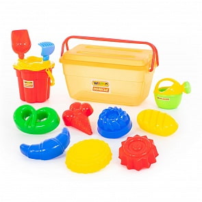 Набор №502 в контейнере: ведро-цветок среднее №3, ситечко-цветок среднее №3, лопатка №5, грабельки №5, 7 формочек, лейка малая №4 (Полесье, 50182)