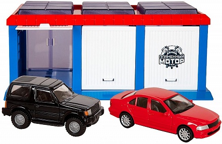 Игровой набор – Город – Гараж с металлическим джипом и легковой машиной, открываются передние и задние ворота, масштаб 1:43 