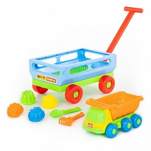 Набор №496: Тележка с ручкой №2, автомобиль-самосвал Кеша, совок №2, грабельки №2, 4 формочки (Полесье, 45843)