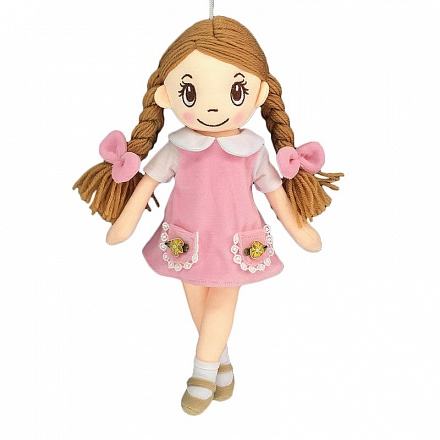 Кукла мягконабивная с косичками в розовом платье, 30 см 