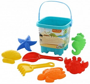 Набор №594: ведро-замок большое с наклейкой, совок №10, грабли №10, 5 формочек (Полесье, 62482) (ассортимент)