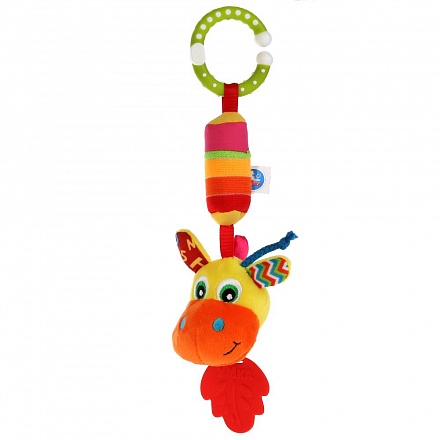 Текстильная игрушка подвеска-пищалка с колокольчиком - Жираф 