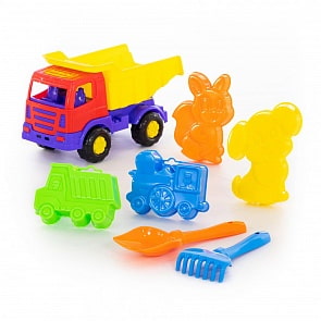 Набор №184 - Автомобиль-самосвал – Мираж, лопатка №5, грабельки №5, 4 формочки (Полесье, 9073) (ассортимент)