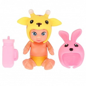 Пупс с шапочками в виде жирафика и зайки, аксессуарами, можно купать, 13 см (Карапуз, C50003G-RU)