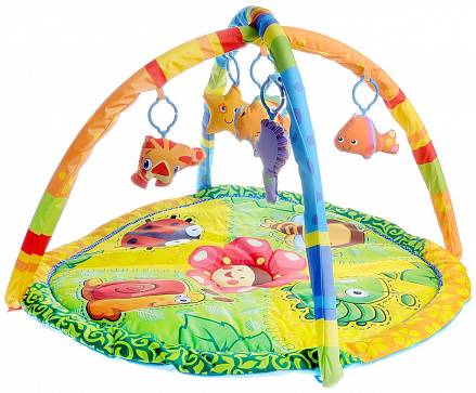 Детский игровой коврик с мягкими игрушками-пищалками на подвеске и дугами 