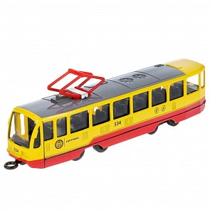 Трамвай 18,5 см желтый свет-звук двери открываются металлический инерционный (Технопарк, TRAM71403-18SL-RDYE)