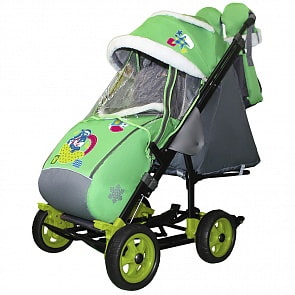 Санки-коляска Snow Galaxy City-3-1 - Зайка синий на зеленом на больших колесах, сумка, варежки (RT, 7690)