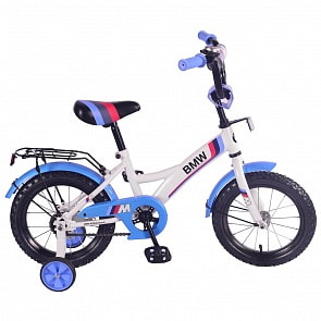 Детский велосипед – BMW, колеса 14 дюйм, GW-тип, багажник страховочные колеса, звонок, бело-синий (Mustang, ST14023-GW)