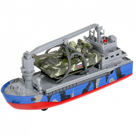 Модель Военный транспортный корабль с танком свет-звук 17 см металлическая инерционная 