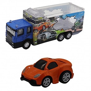 Набор Die-Cast - Грузовик с гоночной машинкой оранжевого цвета, масштаб 1:60 (Funky Toys, FT61052)