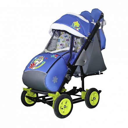 Санки-коляска Snow Galaxy City-3-2 - Зайка серый на синем на больших надувных колесах, сумка, варежки 