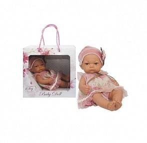 Пупс Baby Doll в цветном розовом платьице и шапочке с бантиком, 25 см. (1toy, Т15469)