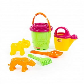 Набор №529: ведро-замок большое, ситечко-замок, лопатка №5, грабельки №5, 2 формочки, лейка №10 (Полесье, 51820)