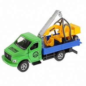 Эвакуатор Газон Next 14,5 см с экскаватором 7,5 см, инерционный, открываются двери (Технопарк, SB-18-23-G+EW-WB)