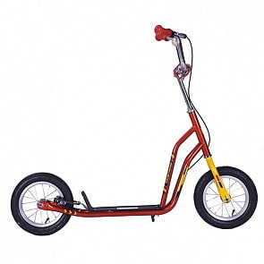 Самокат 2-колесный Mustang со стальной рамой JD-типа, надувными колесами 12", ручным тормозом и подножкой, красно-желтый (ST12027-JDsim)