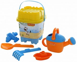 Набор №589: ведро-замок большое с наклейкой, ситечко-замок большое, лопатка №32, грабельки №32, формочка-самолет, кораблик Юнга, лейка №8 (Полесье, 62437)