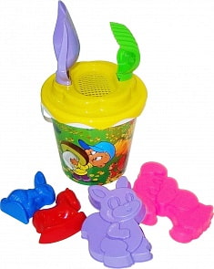 Набор №254: ведро с наклейкой, ситечко Солнышко №2, лопата №6, грабли №6, формочки белочка + пёсик + заяц + лошадка (Полесье, 3925) (ассортимент)