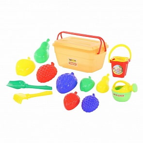 Набор №501 в контейнере: ведро-цветок среднее, ситечко-цветок, лопата №6, грабли №6, 8 формочек, лейка малая №4 (Полесье, 50175)