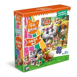 Пазл 4 в 1 - 44 Котенка. Веселые приключения, 9-16-25-36 деталей, наклейки (Origami, 04975)