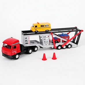 Инерционный тягач КАМАЗ - автовоз с 2 машинками, свет, звук, 1:43 (Технопарк, SB-13-18sim)