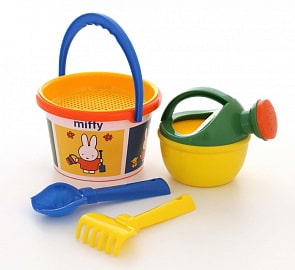 Набор №2 - Миффи-5: ведро среднее с наклейкой, ситечко, совок №2, грабельки №2, лейка малая №4 (Полесье, 64806)