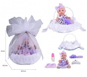 Интерактивный пупс в корзинке с аксессуарами, пьет и писает, фиолетовый (Junfa, DH2206B)