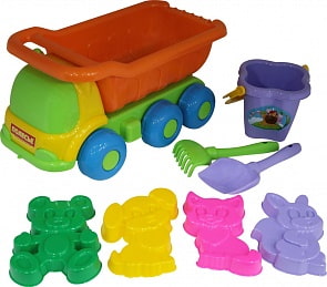 Набор №129 - Автомобиль-самосвал - Универсал, ведро-цветок среднее, лопатка №5, грабельки №5, 4 формочки (Полесье, 1695) (ассортимент)