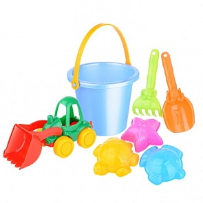 Набор для песка №33, трактор Нордик, совок Собачка, грабли Котенок, 3 формочки Морские, ведро малое (Нордпласт, Н-431733)