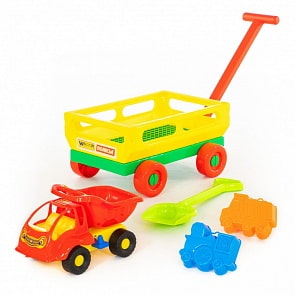 Набор №495: тележка с ручкой №2, автомобиль-самосвал Муравей, лопата средняя, формочки (Полесье, 45836)