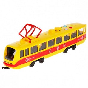 Модель Трамвай свет-звук 30 см двери открываются пластиковая инерционная желтая (Технопарк, TRAM71403-30PL-YERD)