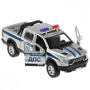 Машина Полиция Dodge Ram свет-звук 13 см двери и багажник открываются серебро инерционная металлическая (Технопарк, RAM1500-13SLPOL-SR)