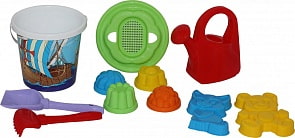 Набор №135: ведро с наклейкой, ситечко Солнышко, лопатка №5, грабельки №5, формочки котенок и медведь, 4 формочки, лейка большая (Полесье, 2777)
