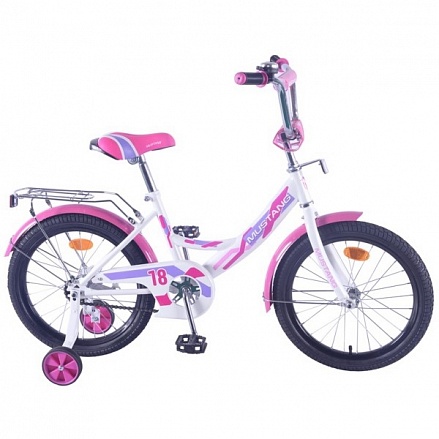 Велосипед детский двухколесный - Mustang, цвет бело-розовый, колеса 18 дюйм, рама А-тип, багажник, страховочные колеса, звонок 