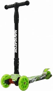 Самокат трехколесный черно-зеленый, PU колеса со светом, регулируемый складной руль, печать вотерпринт (Navigator, Т15362К)